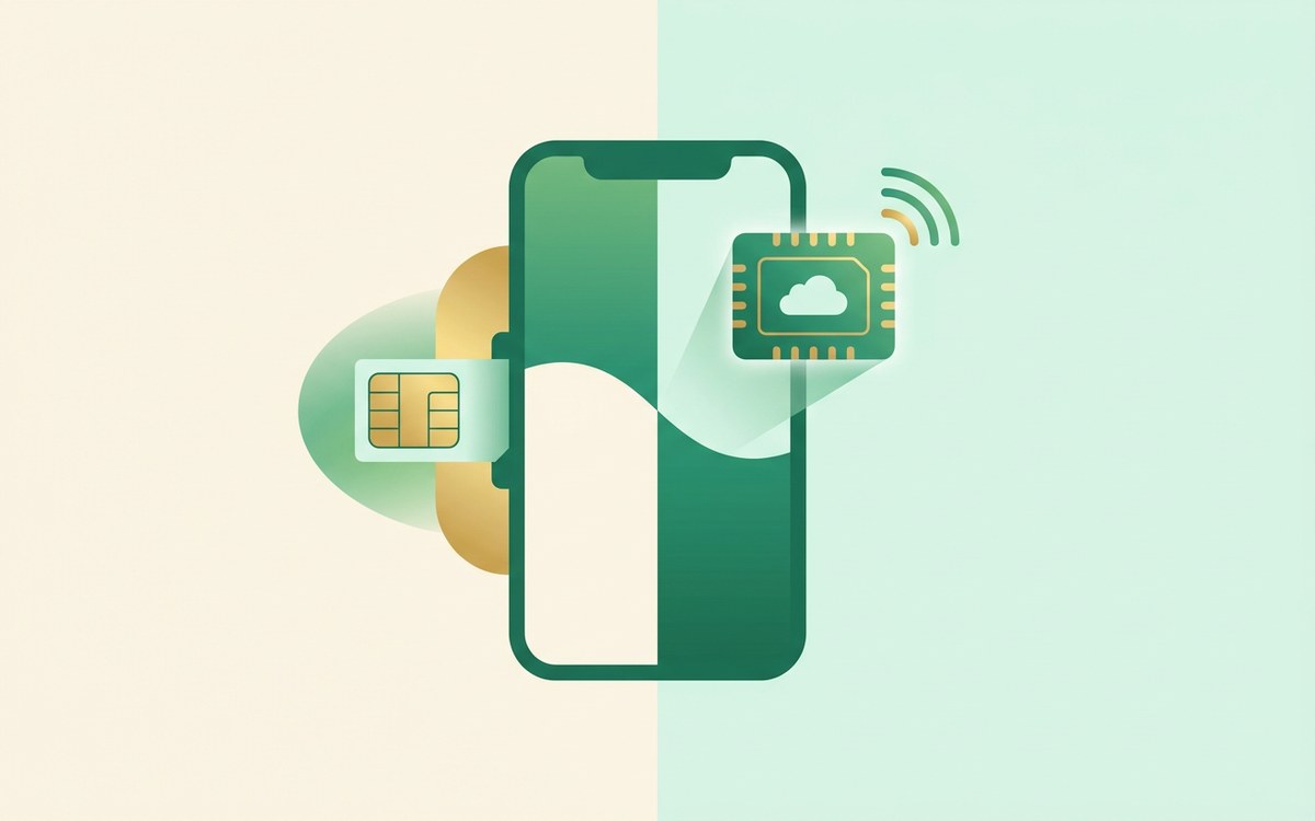 השוואה בין כרטיס סים פיזי מסוג נאנו (Nano SIM) לבין טכנולוגיית eSIM דיגיטלית וירטואלית מעל מסך סמארטפון